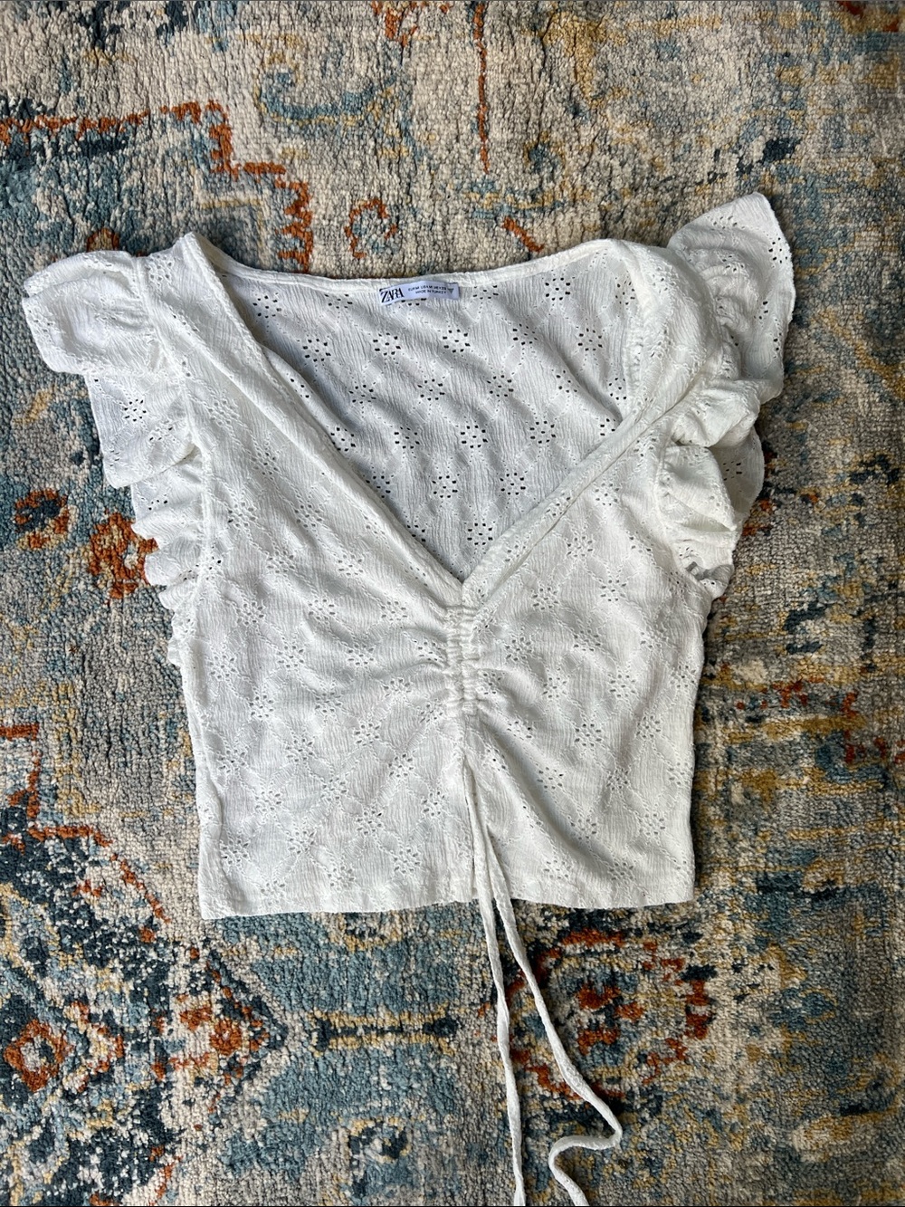 Zara White Eyelet Ruched V-Neck Tie-Front Crop Top